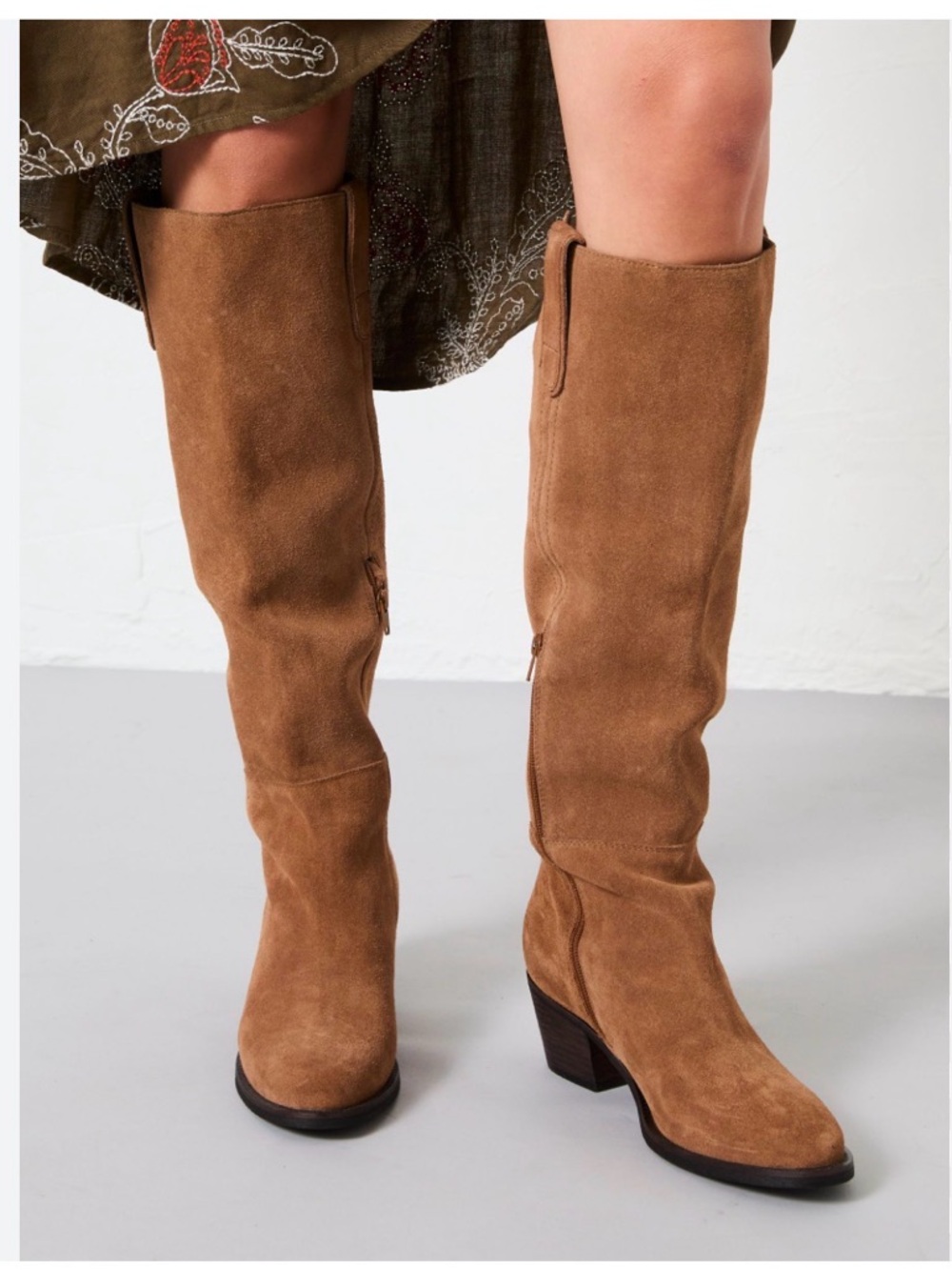 Twiggy of LONDON Wide Shaft  Suede Knee-High Boots in Tan